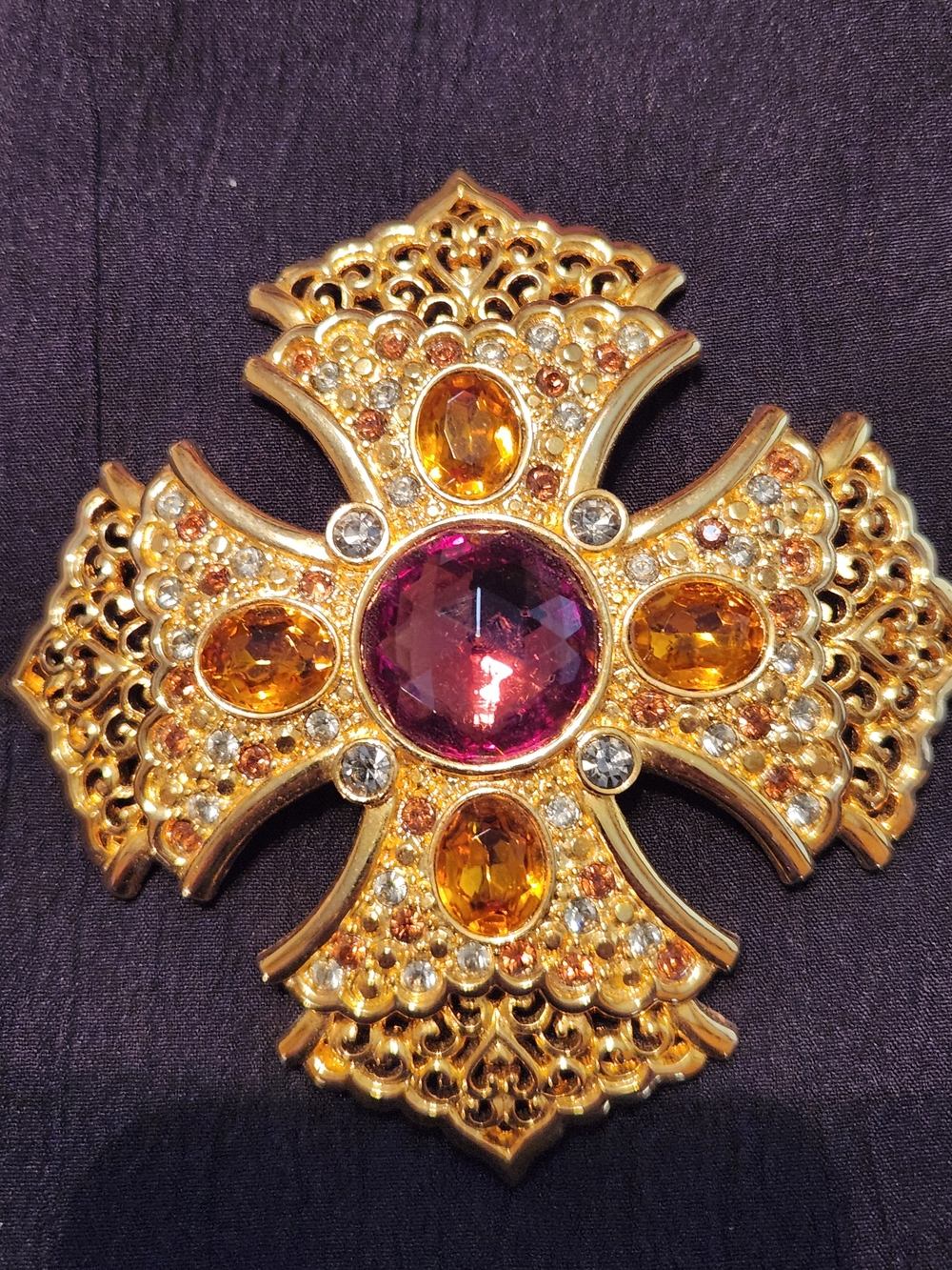 Gold-Tone Floral Cross Brooch with Pink Center and Amber Accents